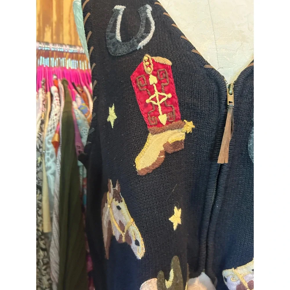 Tiara International Vintage Western Knit‎ Vest Black Cowboy Equestrian Horse L